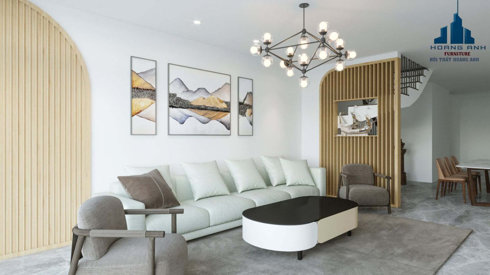 Khu vực phòng khách được thiết kế bộ Sofa mầu vàng kem Nhập Khẩu
